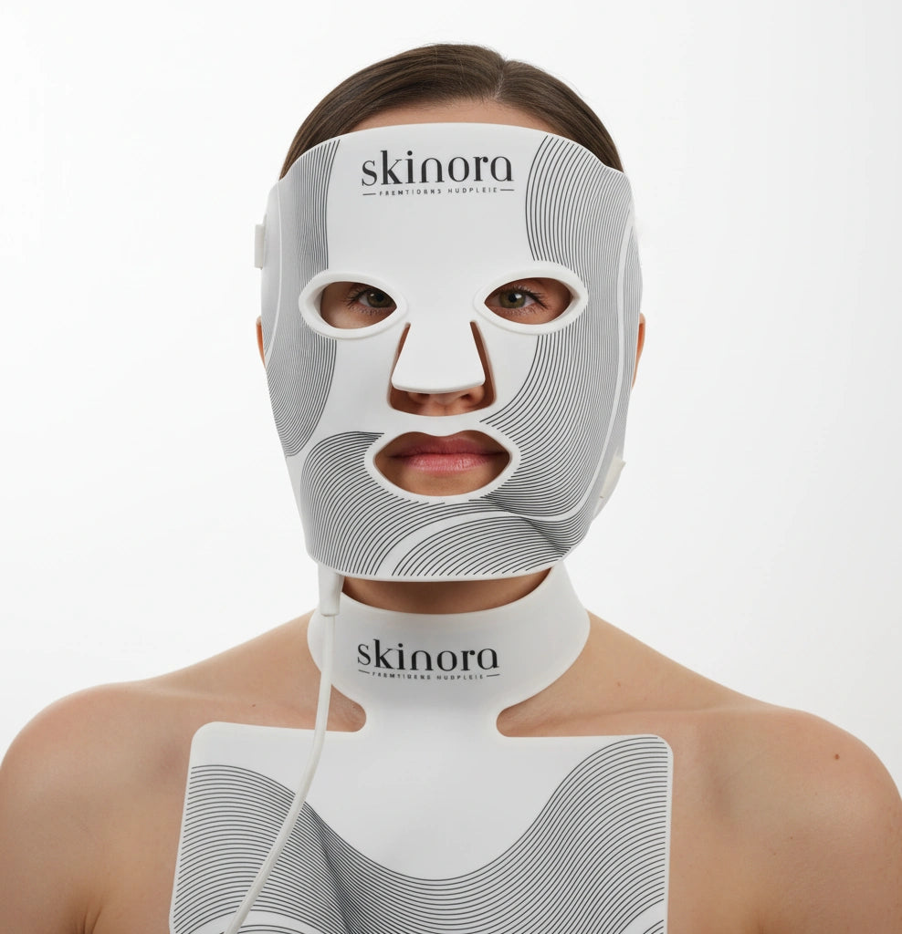 Kvinne med Skinora Radiance LED-maske for ansikt og hals – lysterapi for hudpleie hjemme