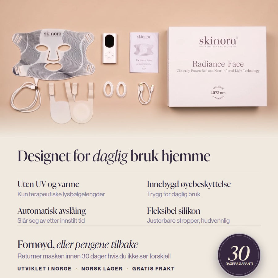 Skinora Radiance Face LED-maske med fjernkontroll og emballasje, med tekst om funksjoner: uten UV og varme, innebygd øyebeskyttelse, automatisk avslåing og fleksibel silikon LED light therapy device