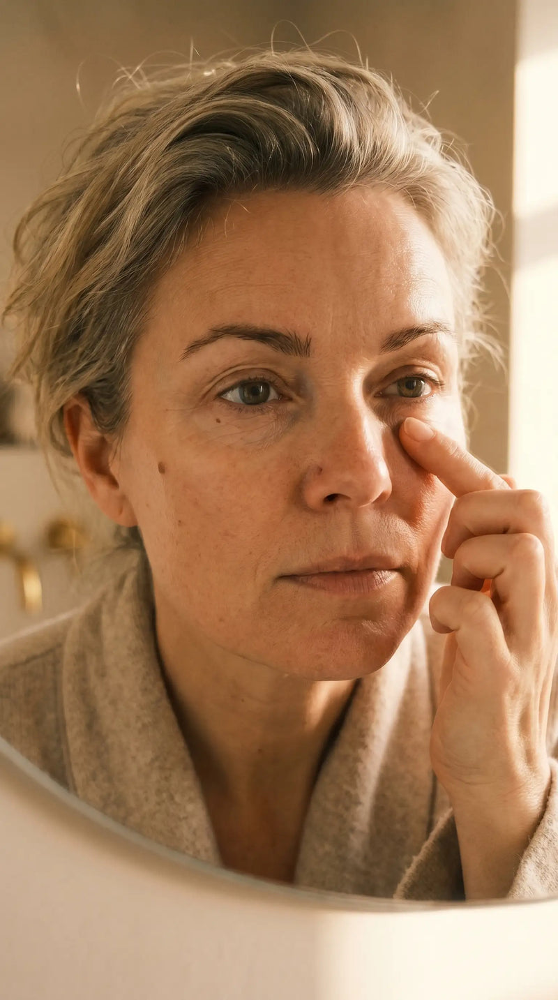 Kvinne ser i speilet på aldringstegn