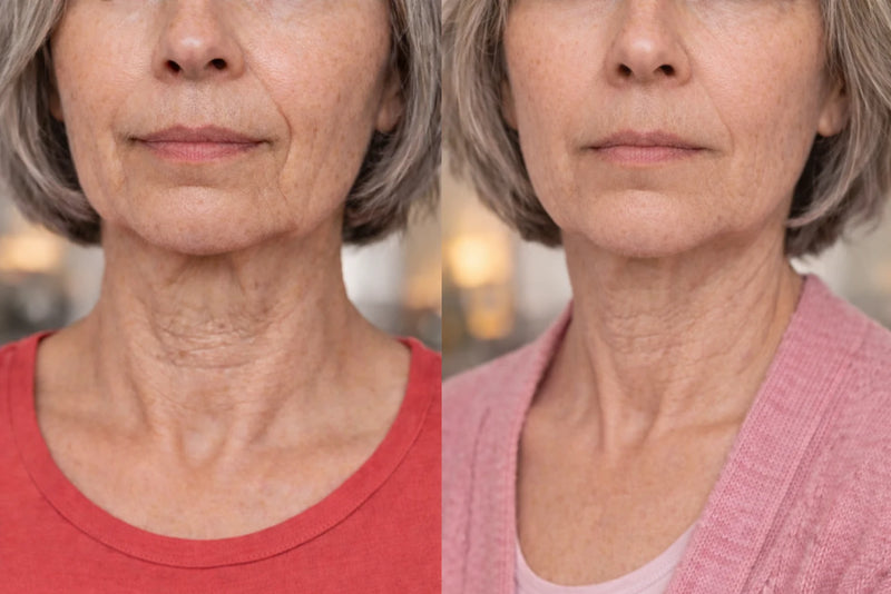 Før og etter (nedre ansikt): jevnere hud og mindre synlige linjer rundt munn og kjevelinje.