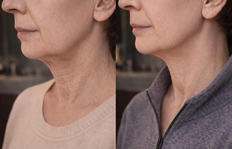 Før og etter halsprofil: mindre synlige linjer og litt jevnere hudtone etter jevn bruk.