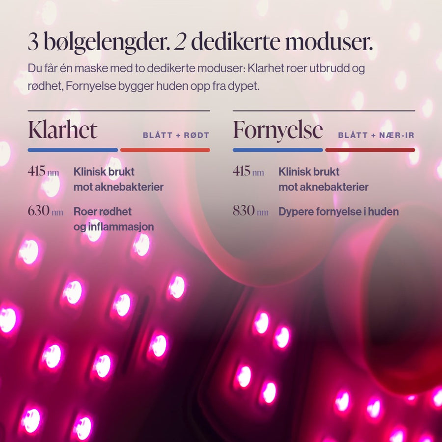 Skinora Clear LED-maske med 3 bølgelengder og 2 moduser: Klarhet mot akne og rødhet, Fornyelse for dypere hudpleie LED light therapy device