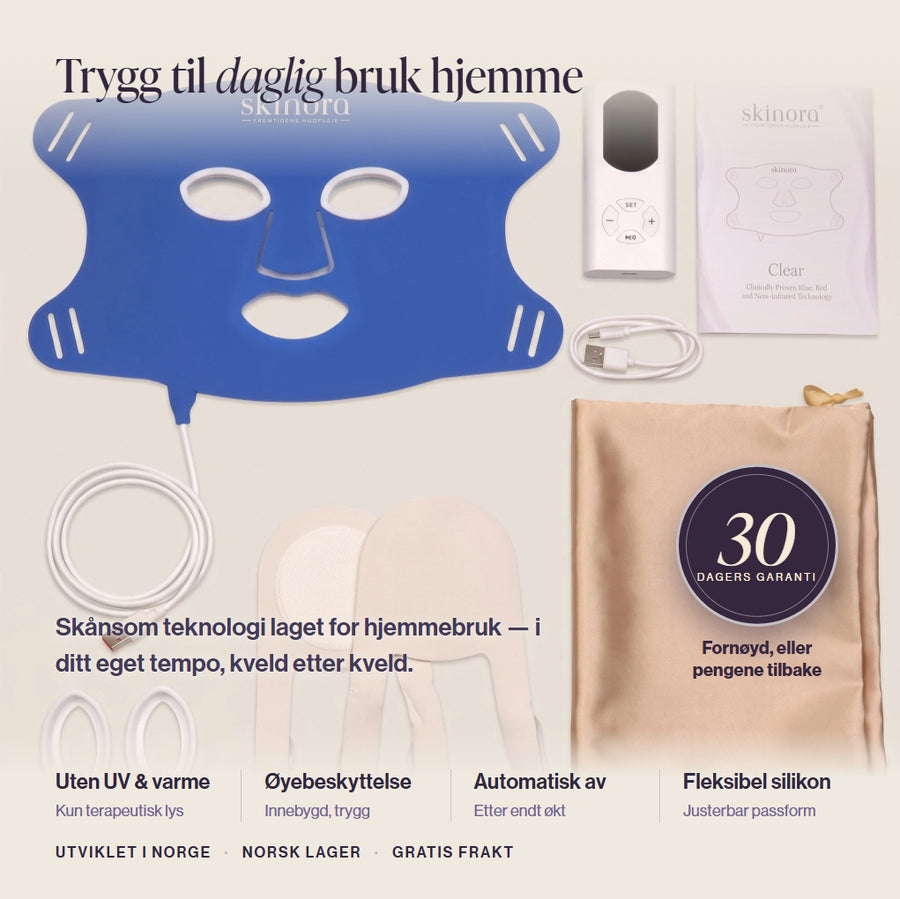 Skinora® Clear LED-maske med tilbehør – utviklet i Norge, trygg for daglig hjemmebruk med 30 dagers garanti LED light therapy device