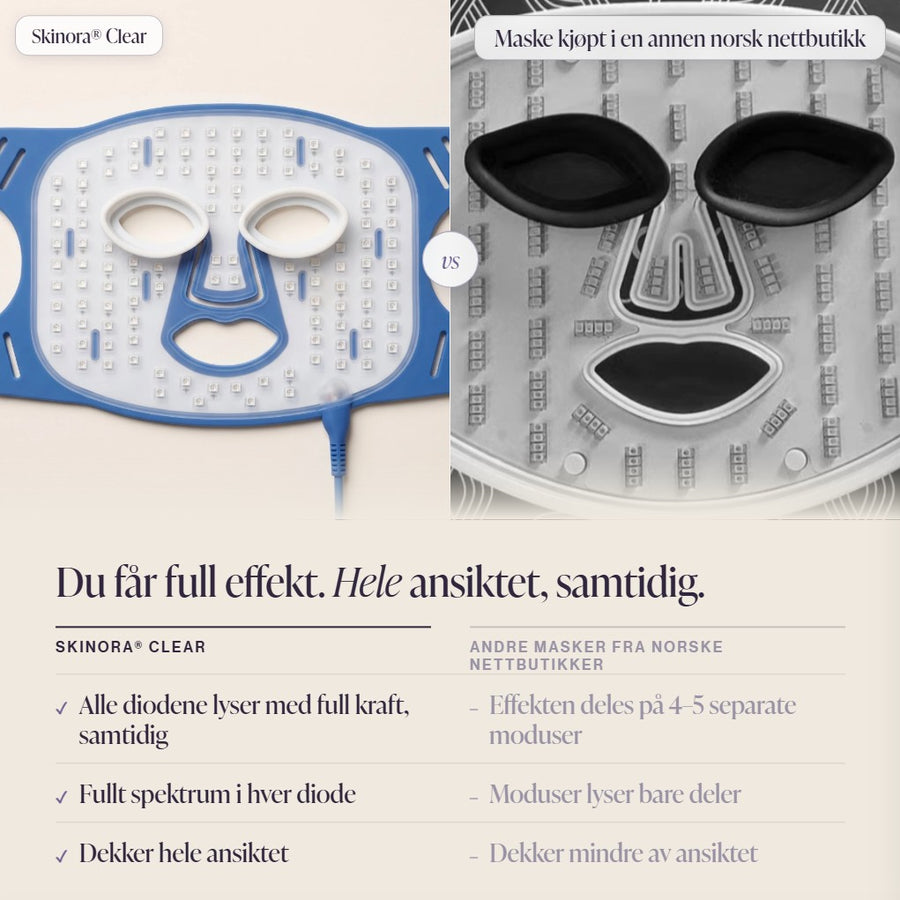 Sammenligning av Skinora Clear LED-ansiktsmaske og annen maske: full lysstyrke på alle dioder og dekning av hele ansiktet LED light therapy device